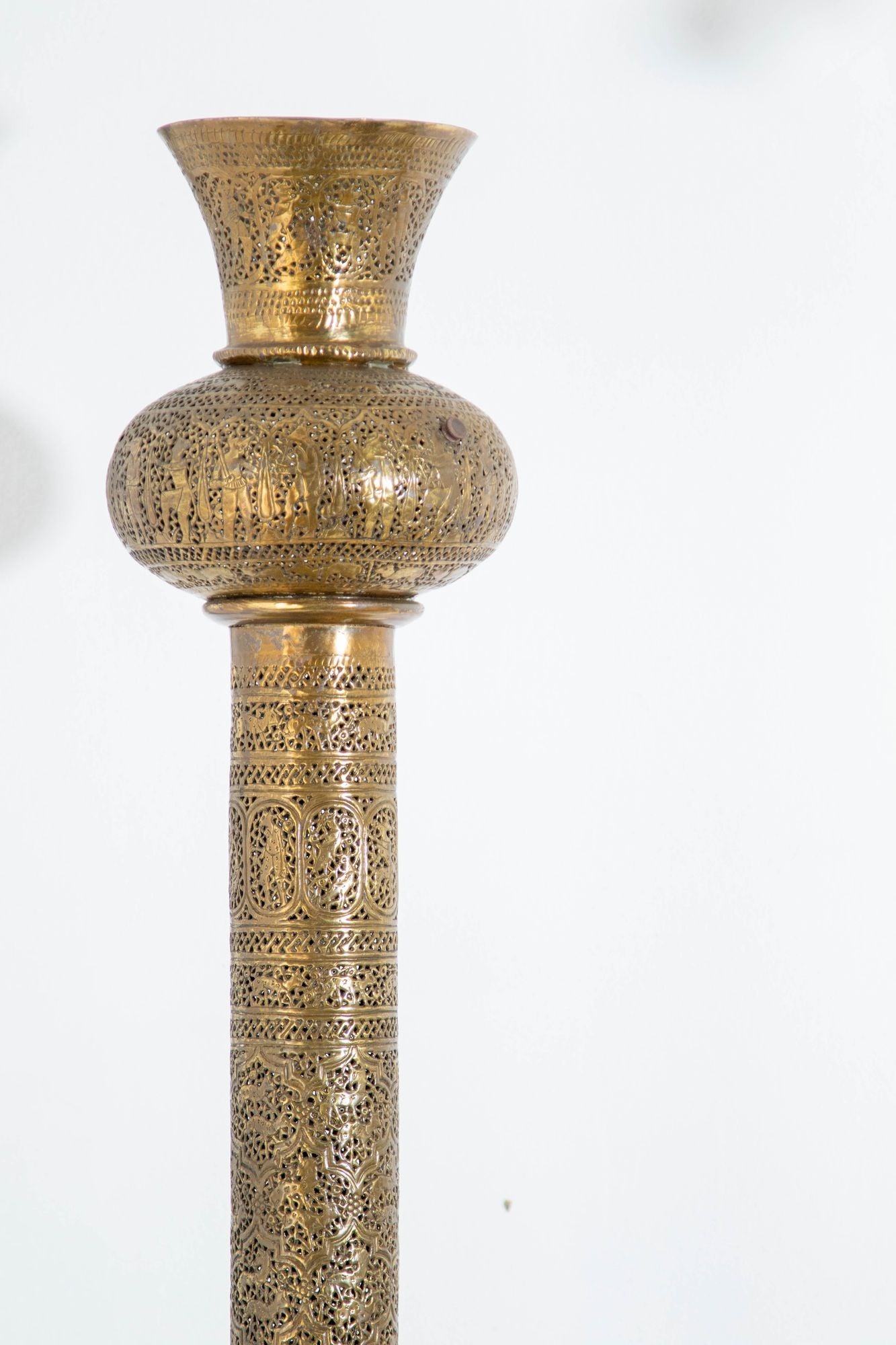 Antique Egyptian Mamluk Revival Pierced Brass Floor Candleholder