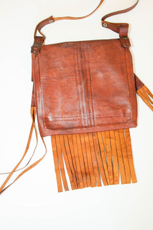 Moroccan Vintage Leather Handcrafted African Tuareg Bag with Fringes Wall Art