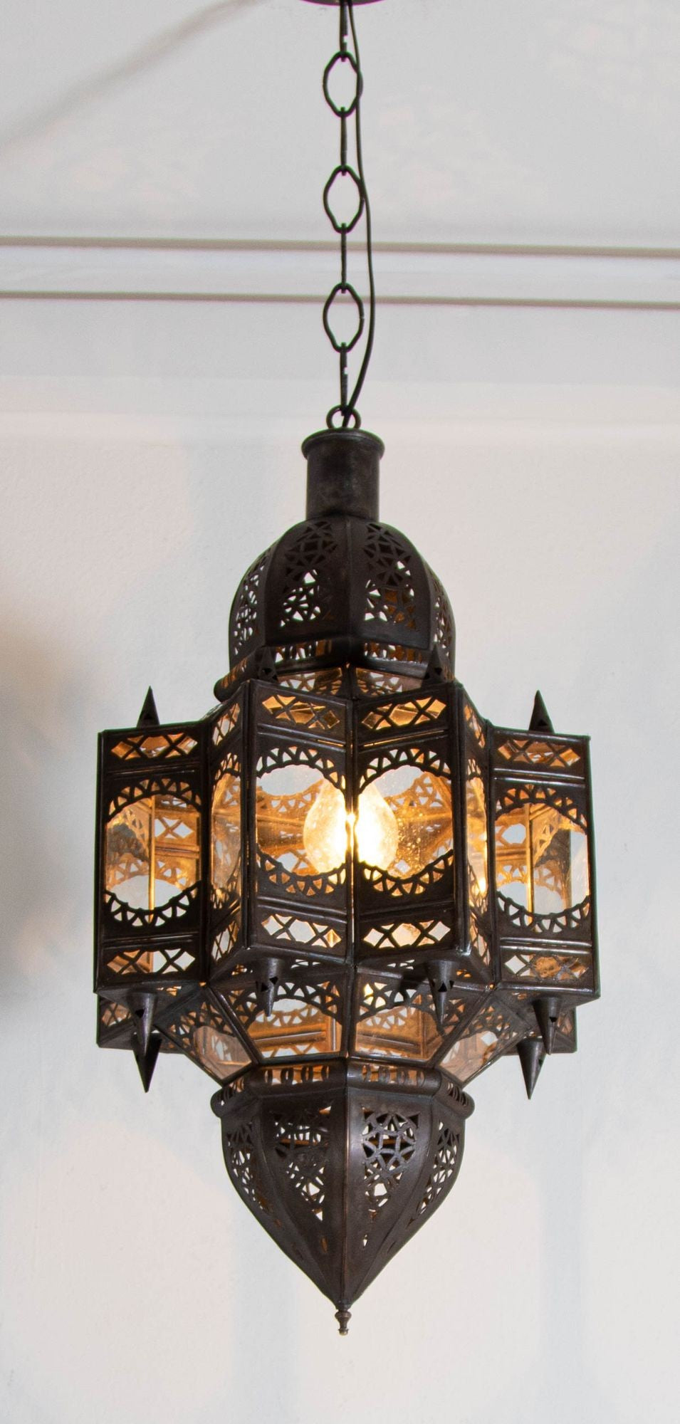 Vintage Moroccan Moorish Star Clear Glass & Pierced Metal Lantern, Marrakech