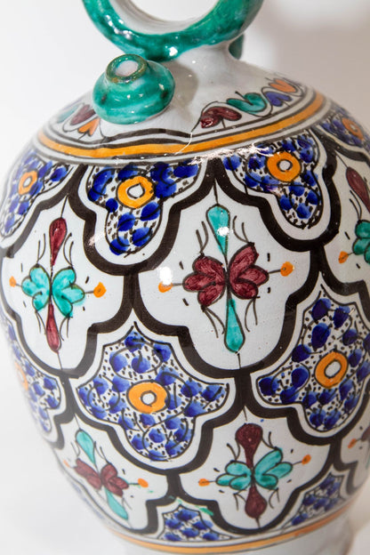 Vintage 1940s Moroccan Fez Polychrome Ceramic Water Moorish Hand-Painted Jug