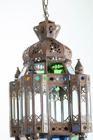 Vintage Moroccan Traditional Moorish Metal and Glass Lantern Ceiling Light