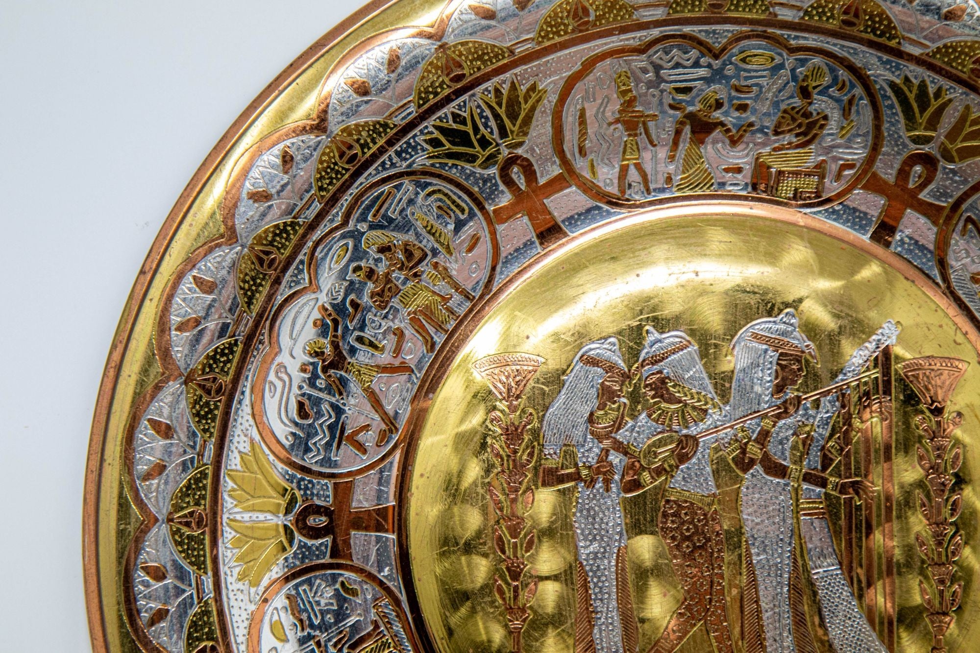Egyptian Round Brass Tray with Silver and Copper Overlay Wall Hanging 1970