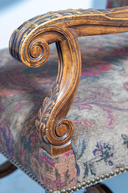 French Baroque Walnut Armchairs with Aubusson Upholstery, Circa 1930 — detail view 9