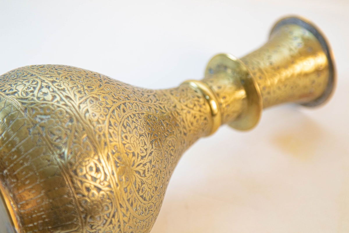 Antique Mughal Engraved Brass Vase, Indo-Persian, 19th Century
