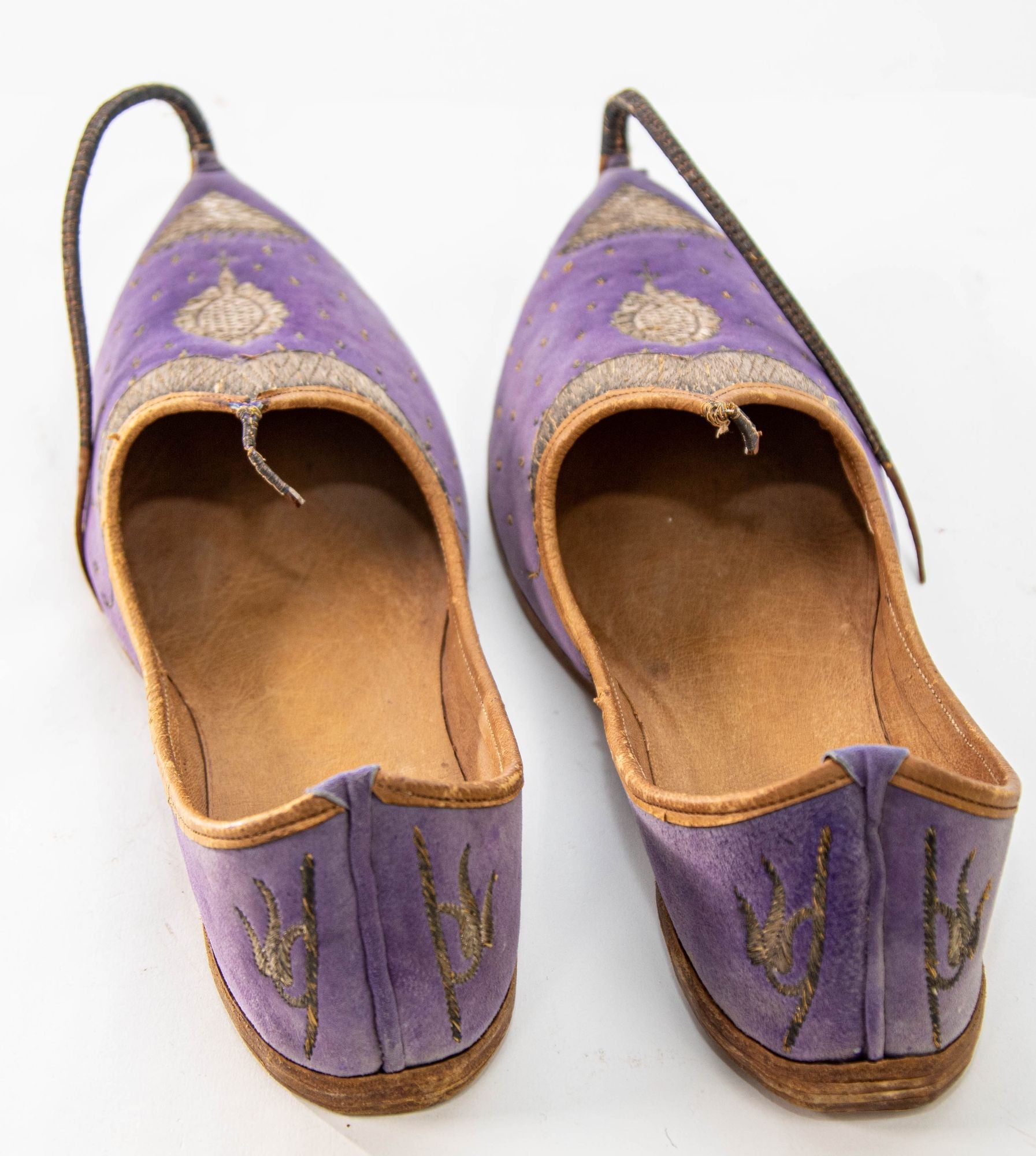 Antique Leather Purple Velvet Suede Mughal Raj Moorish Shoes Gold Embroidered