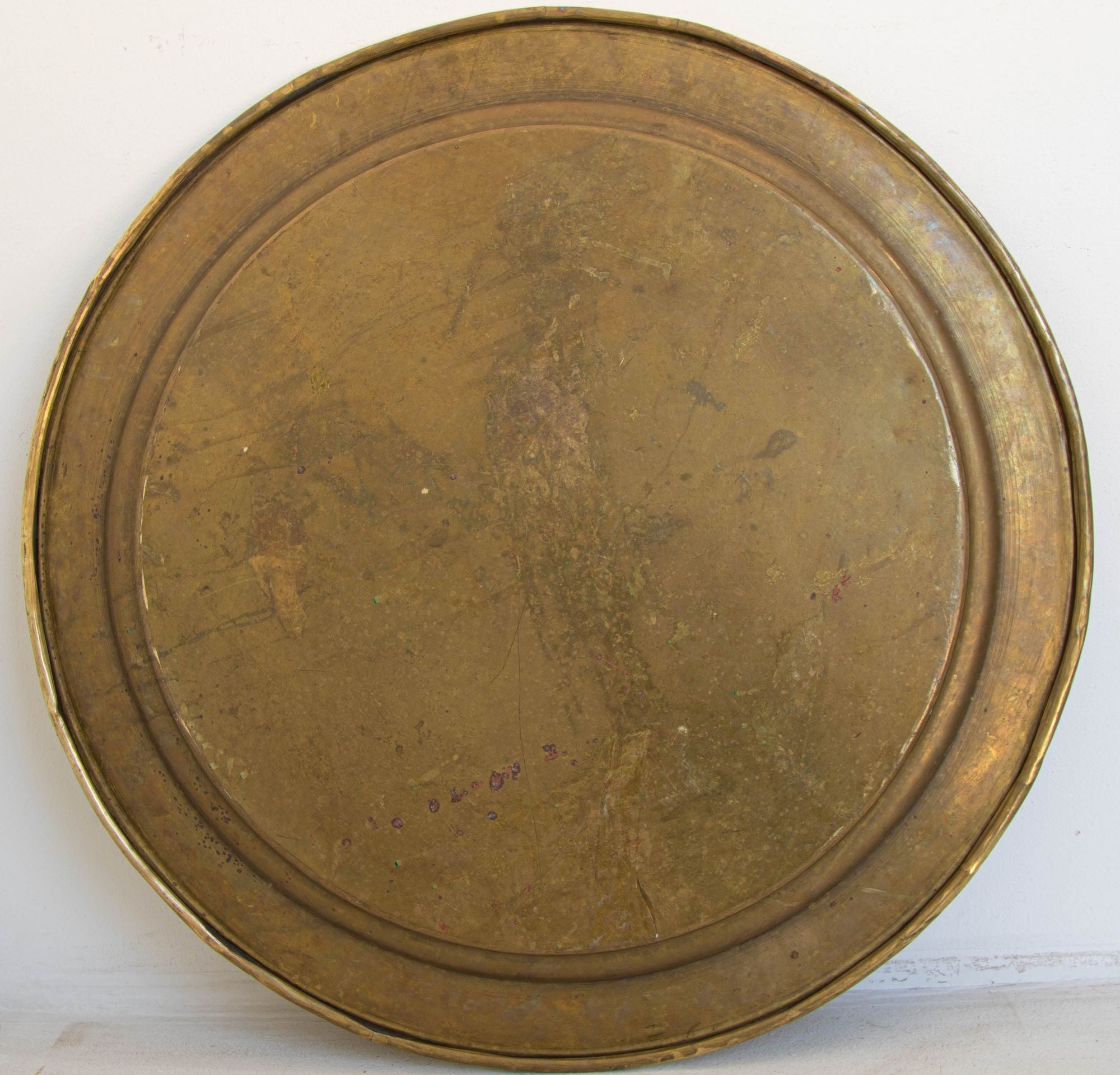 1940's Antique Moroccan Large Polished Round Brass Tray Platter 30 in. D.