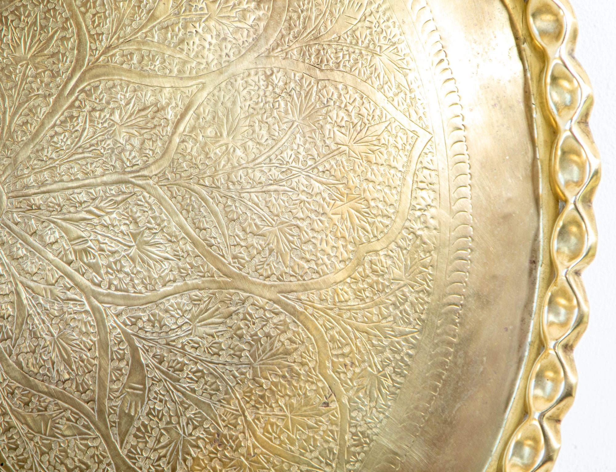 Antique Islamic Mughal Rajasthani Large Moorish Round Brass Tray with Crest Edges 30 in.