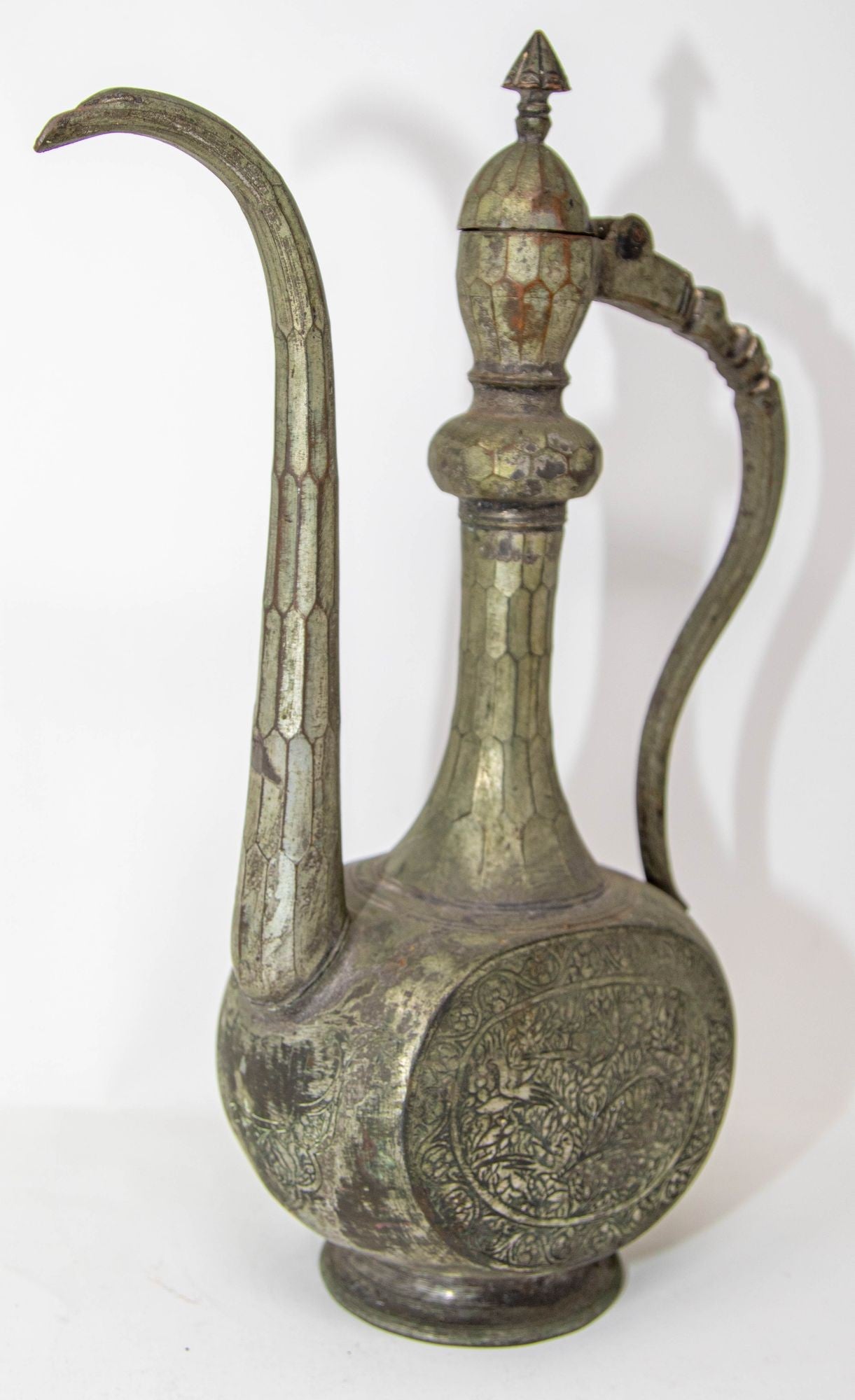 Antique Islamic Middle Eastern Qajar Persian Tinned Metal Ewer 19th Century