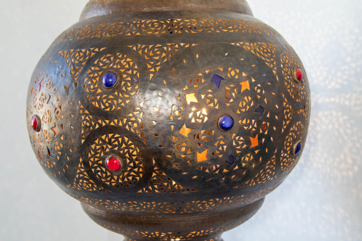 Large Moroccan Moorish Pierced Brass Chandelier with Colored Glass, circa 1940