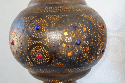 Large Moroccan Moorish Pierced Brass Chandelier with Colored Glass, circa 1940