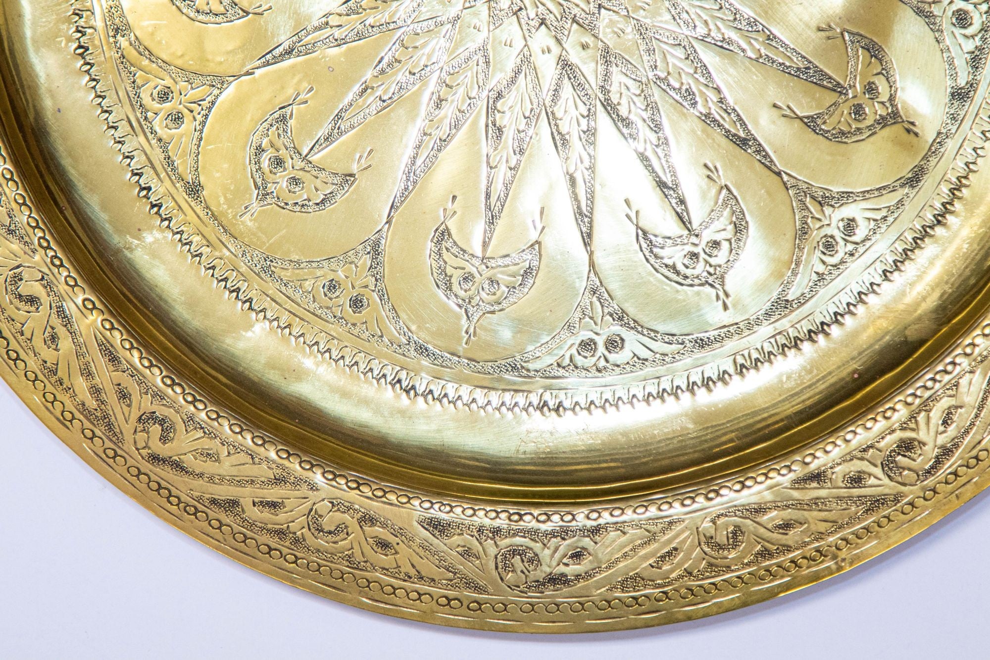 1940s Moroccan Brass Tray Collectible Islamic Polished Metal Work Platter 13.5 D
