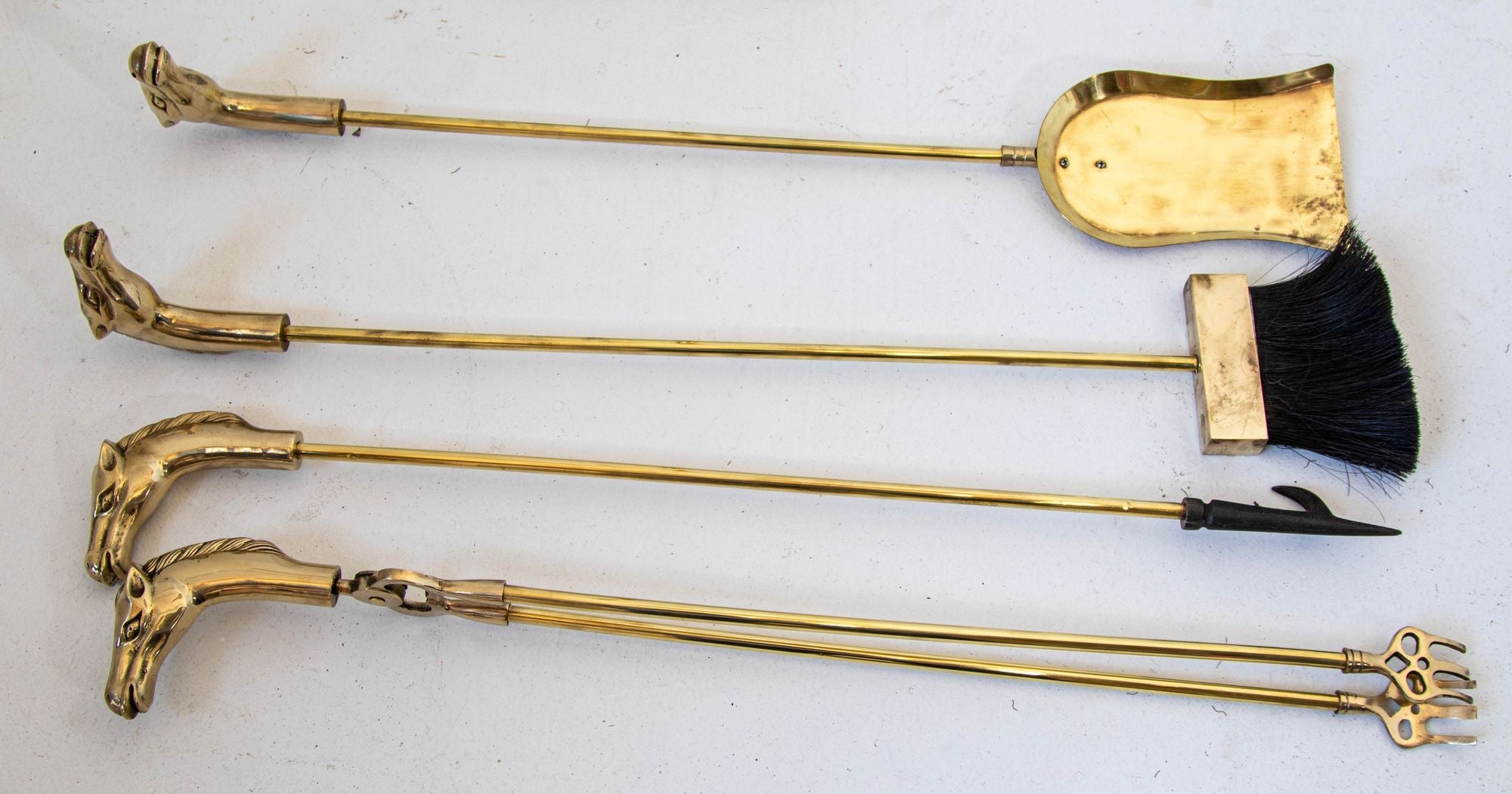 French Brass Horse Head Fireplace Tool Set Equestrian Hollywood Regency Style