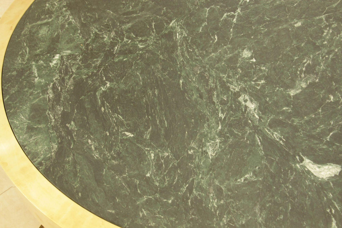 Custom Modernist Art Deco Polished Brass & Green Marble Round Coffee Table, 2010 — detail view 9