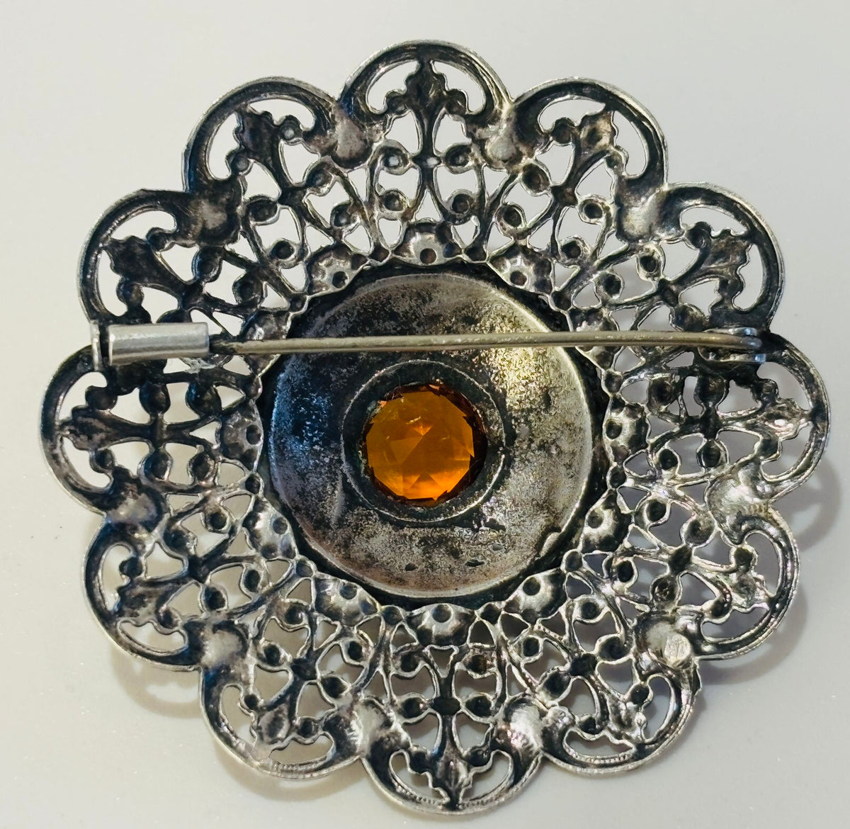 Ottoman Style Turkish Silver Brooch or Veil Pin with Moorish Filigree Lace