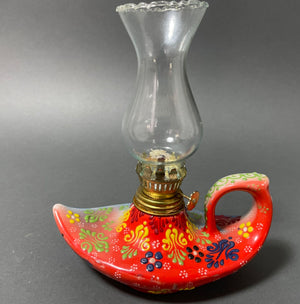 Aladdin style handmade red ceramic Turkish oil lamp