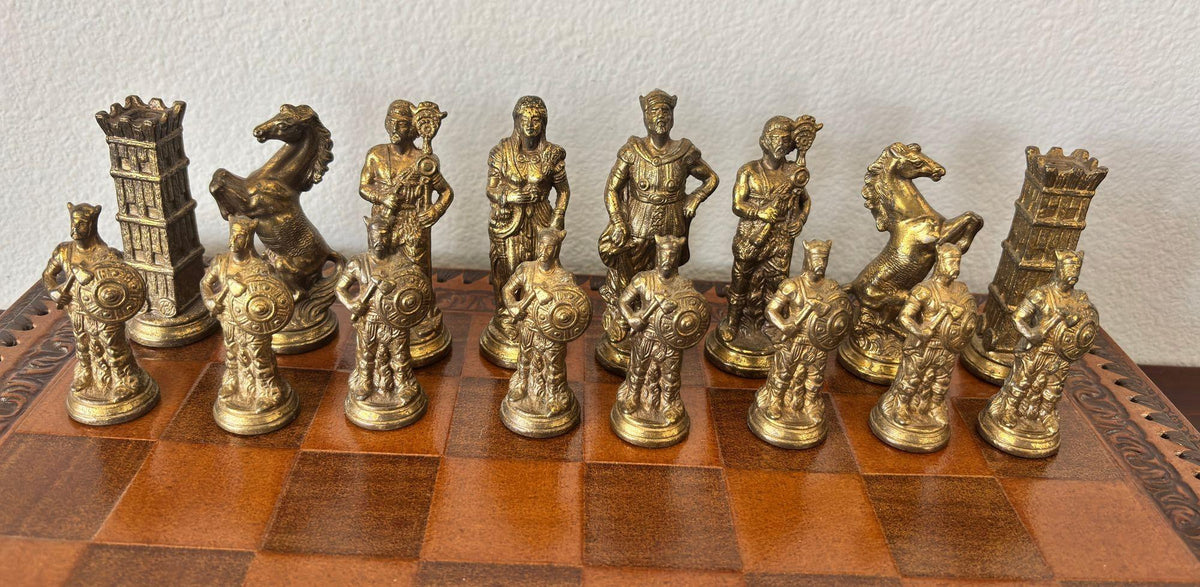Italian Roman-Style Chess Set Cast Metal and Leather Leather Board Circa 1960 — detail view 9