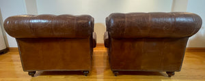 Vintage English Brown Leather Tufted Chesterfield Club Armchairs a Pair