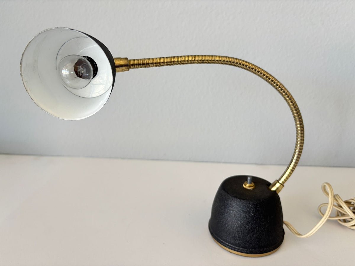 Mid-Century Modern Brass Gooseneck Desk Lamp, Black & Gold, USA, circa 1950s