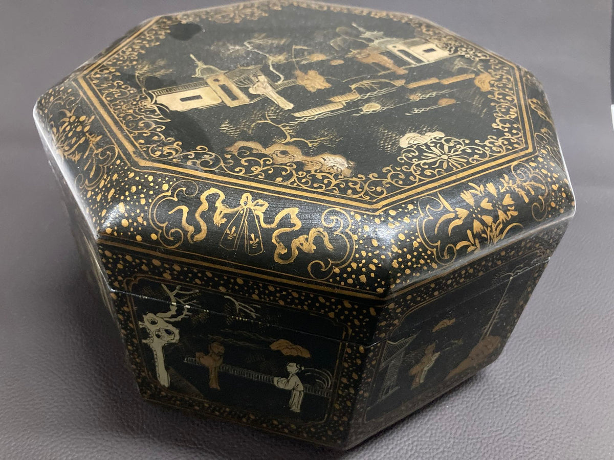Large Chinese Tea Box Black Lacquered Gilt Hand Painted Octagonal Box 1940s