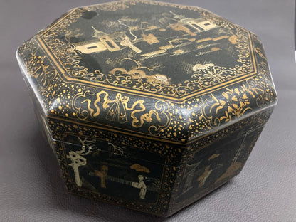 Large Chinese Tea Box Black Lacquered Gilt Hand Painted Octagonal Box 1940s