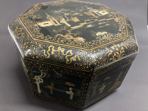 Large Chinese Tea Box Black Lacquered Gilt Hand Painted Octagonal Box 1940s