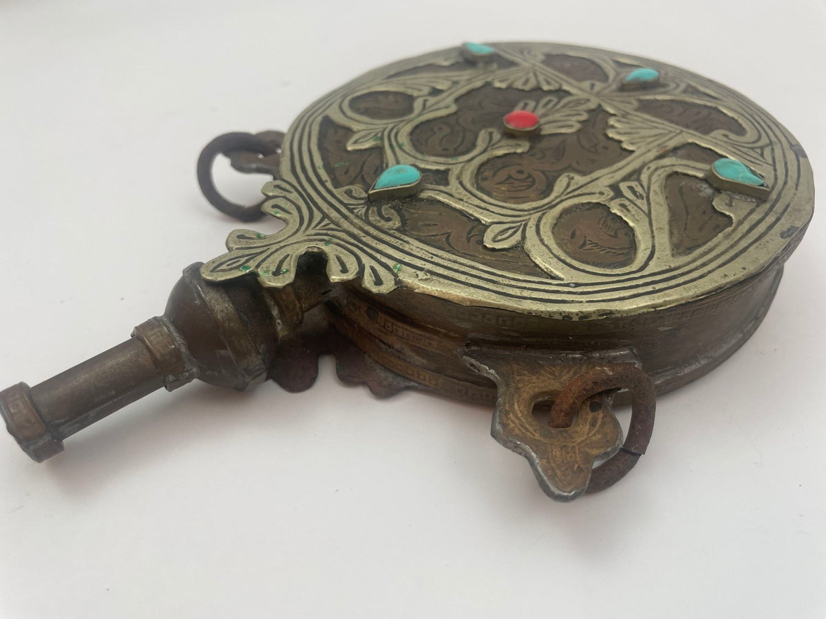 Antique Islamic Arabic Powder Flask, Handcrafted Brass, Morocco, 1920s