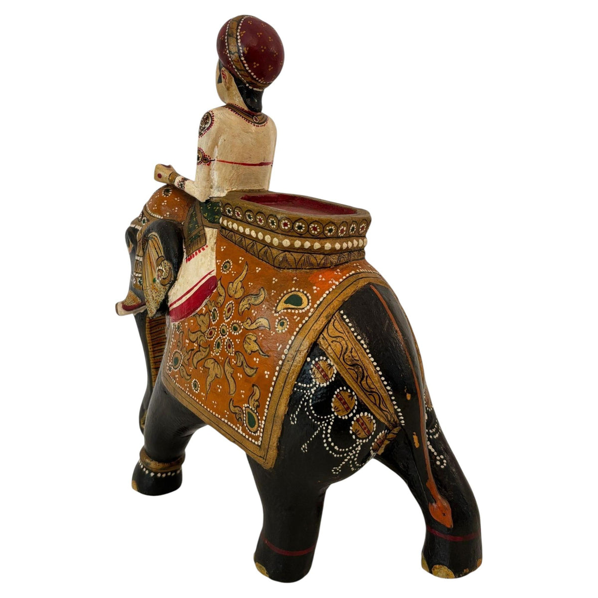 Antique Anglo-Raj Hand-Carved Teak Elephant with Rider Polychrome Sculpture — additional view 8