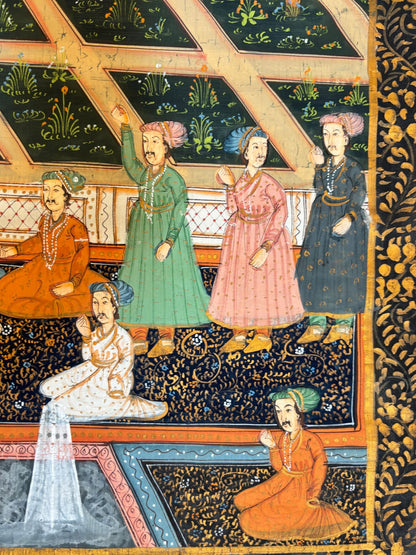 Mughal Court Scene on Silk After a 19th Century Indo-Persian Palace Painting