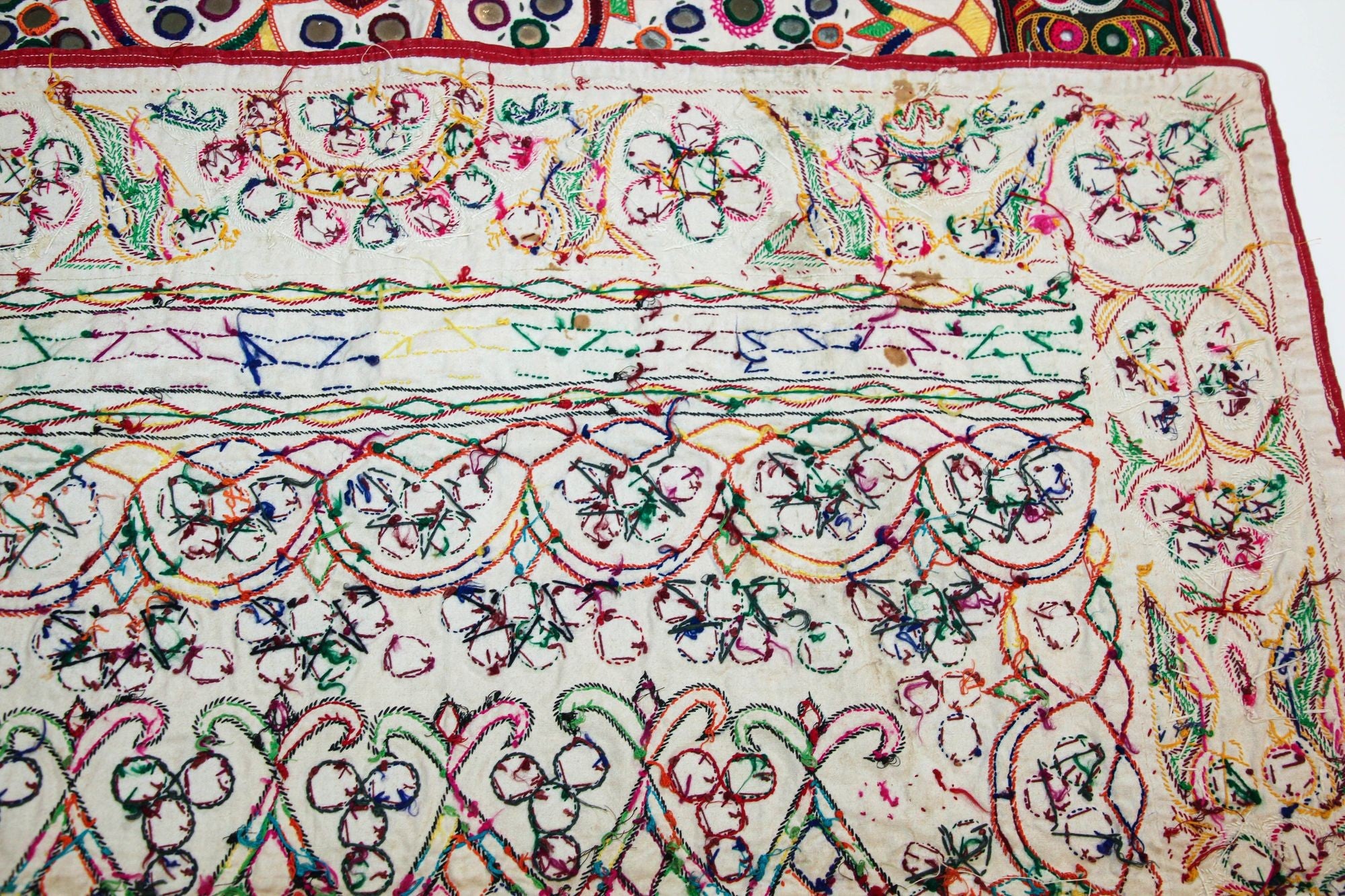 1920's Indian Gujarati Rabari Kutch Silk Embroidered Ethnic Textile with Mirror