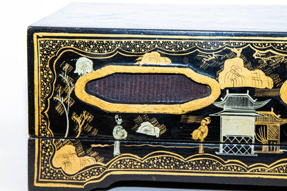 Large Chinoiserie Rectangular Black Lacquered Gilt Painted Covered Box 1950s — additional view 8