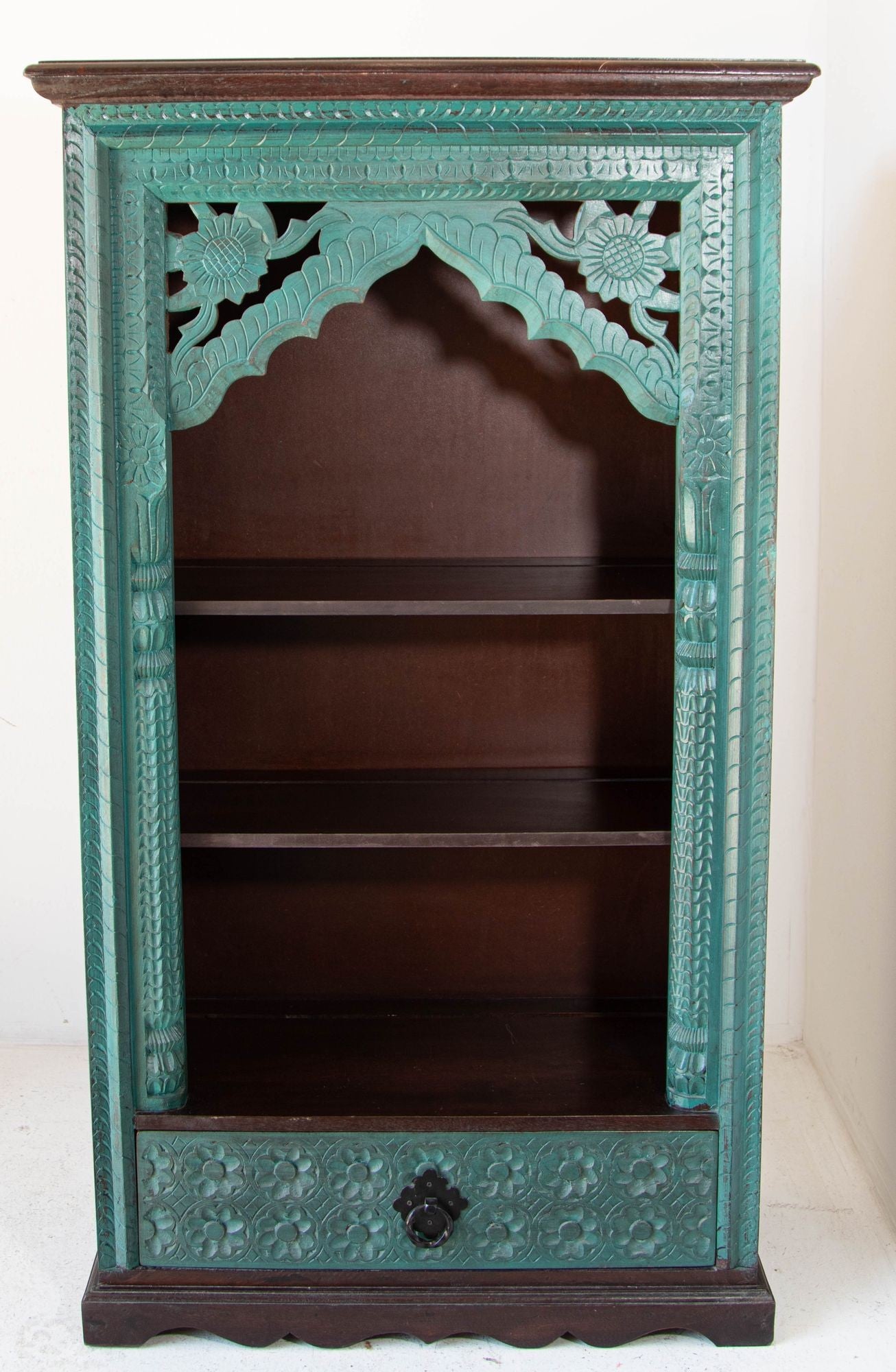 Hand-Carved Arch Bookshelf Wooden Cabinet in Rustic Blue