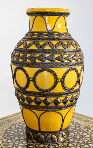 Antique Moroccan Ceramic Vase Bright Yellow with Metal Moorish Filigree overlaid