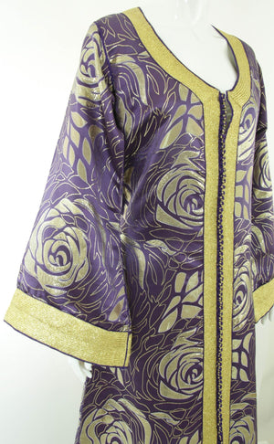 Moroccan Caftan Purple and Gold Damask Embroidered Vintage Kaftan 1960s