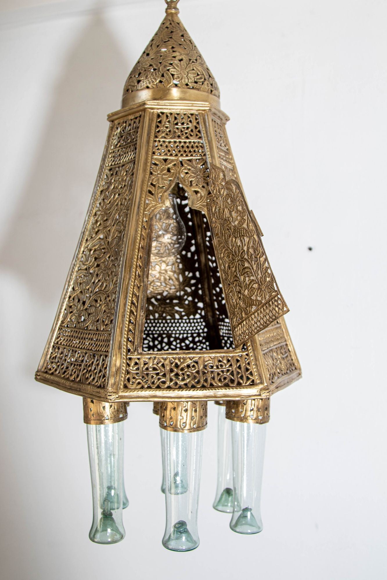 Antique Mamluk Turkish Pierced Brass Hanging Hexagonal Pendant Light Fixture