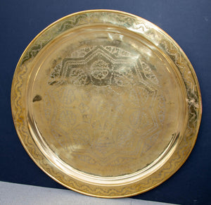 Antique Oversized Round Moroccan Polished Brass Tray Platter 19th C.