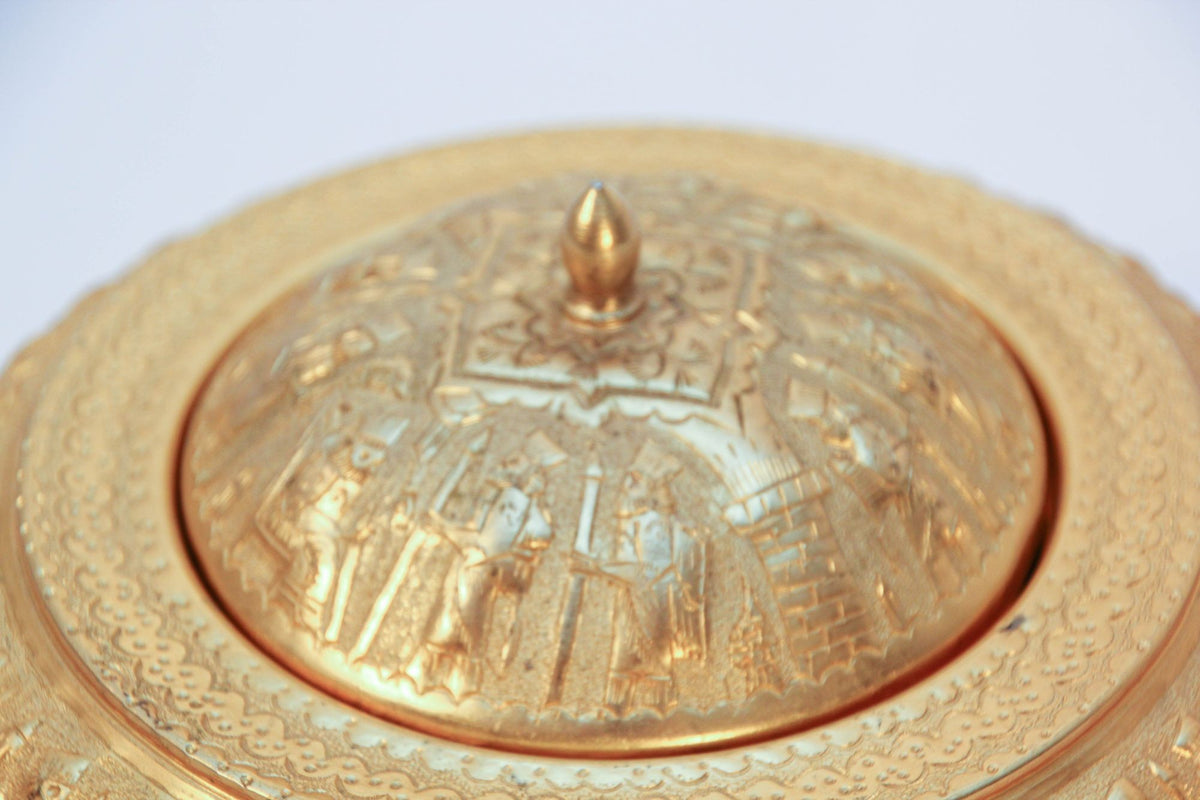 1960 Vintage Gold Tone Islamic Moorish Roll Top Caviar Footed Dish Server