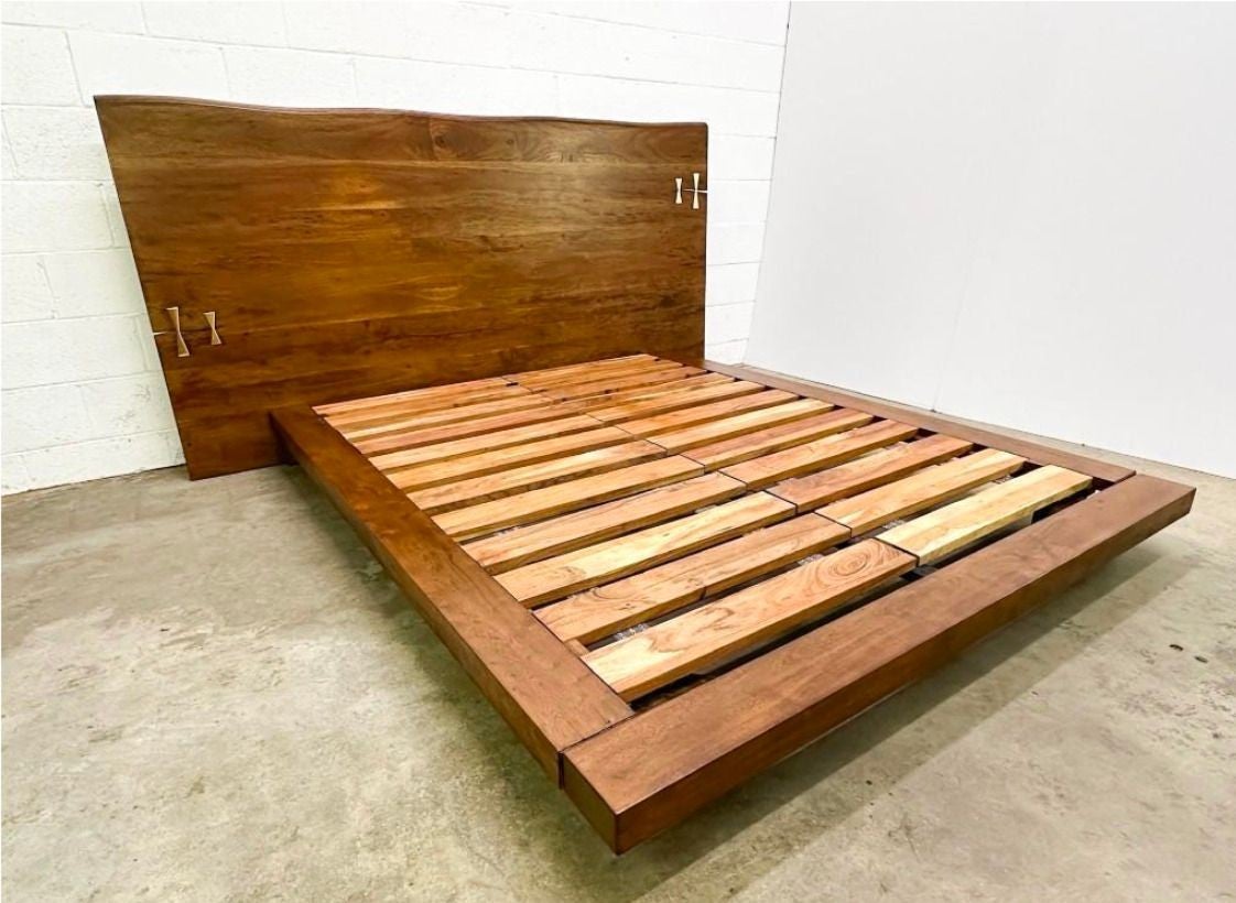 American Organic Modern Live-Edge Queen Platform Bed with Brass Inlays — detail view 6