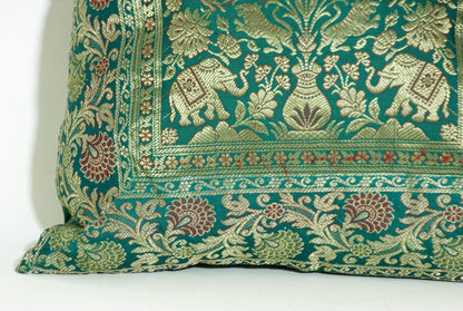 Emerald Green Exotic Silk Throw Pillow with Elephants and Peacocks India