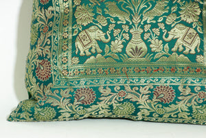 Emerald Green Exotic Silk Throw Pillow with Elephants and Peacocks India