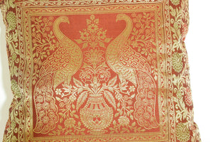 Red Silk Throw Pillow with Elephants and Peacocks India