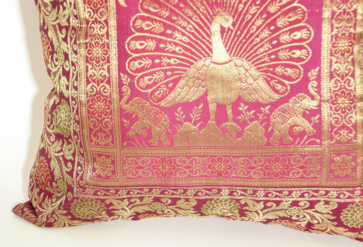 Hot Pink Silk Brocade Throw Pillow, Peacock Design, Indian Art, 1980