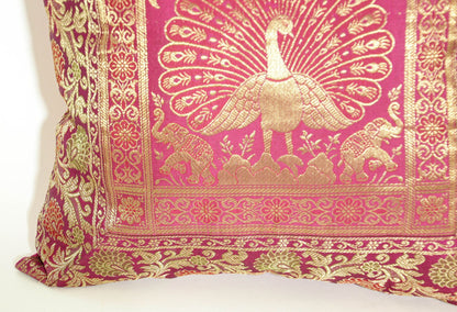 Hot Pink Silk Brocade Throw Pillow, Peacock Design, Indian Art, 1980