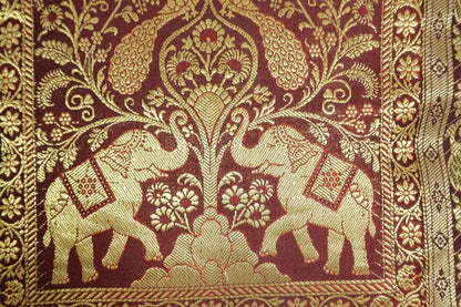 Silk Throw Pillow with Elephants and Peacocks India