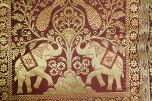 Silk Throw Pillow with Elephants and Peacocks India
