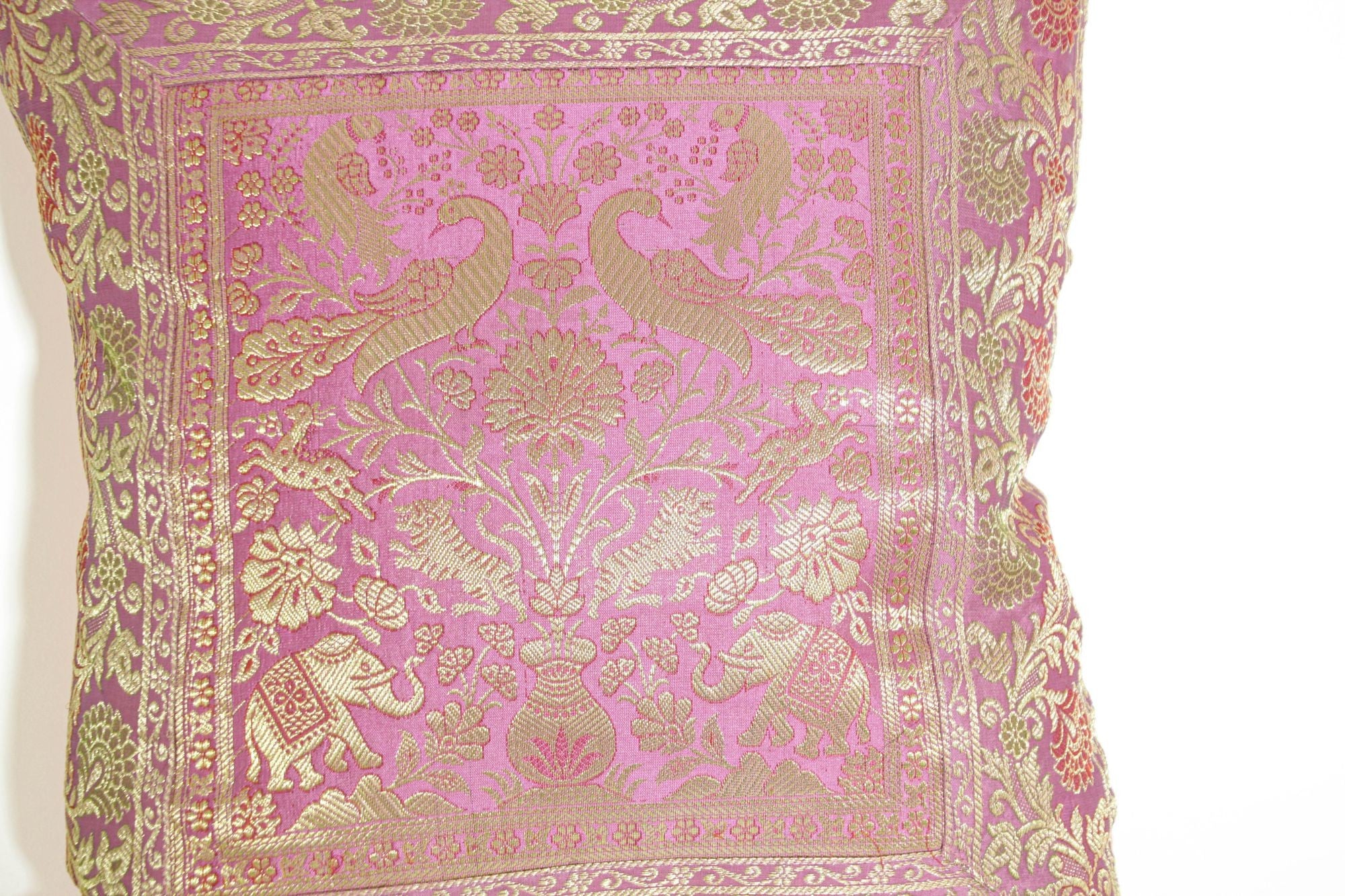 Silk Pink Throw Pillow with Elephants and Peacocks India