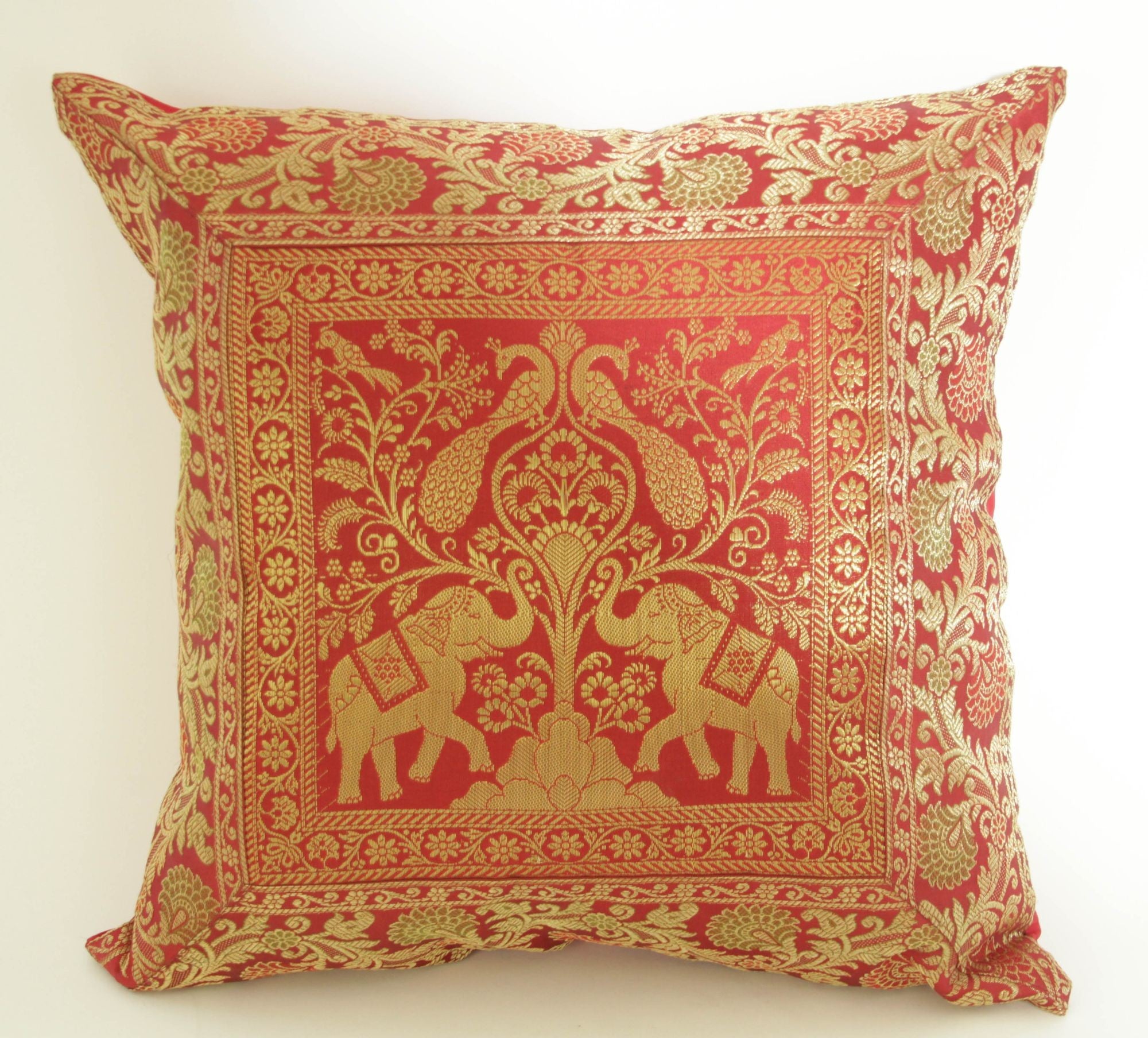 Decorative Silk Throw Pillow with Elephants and Peacocks India