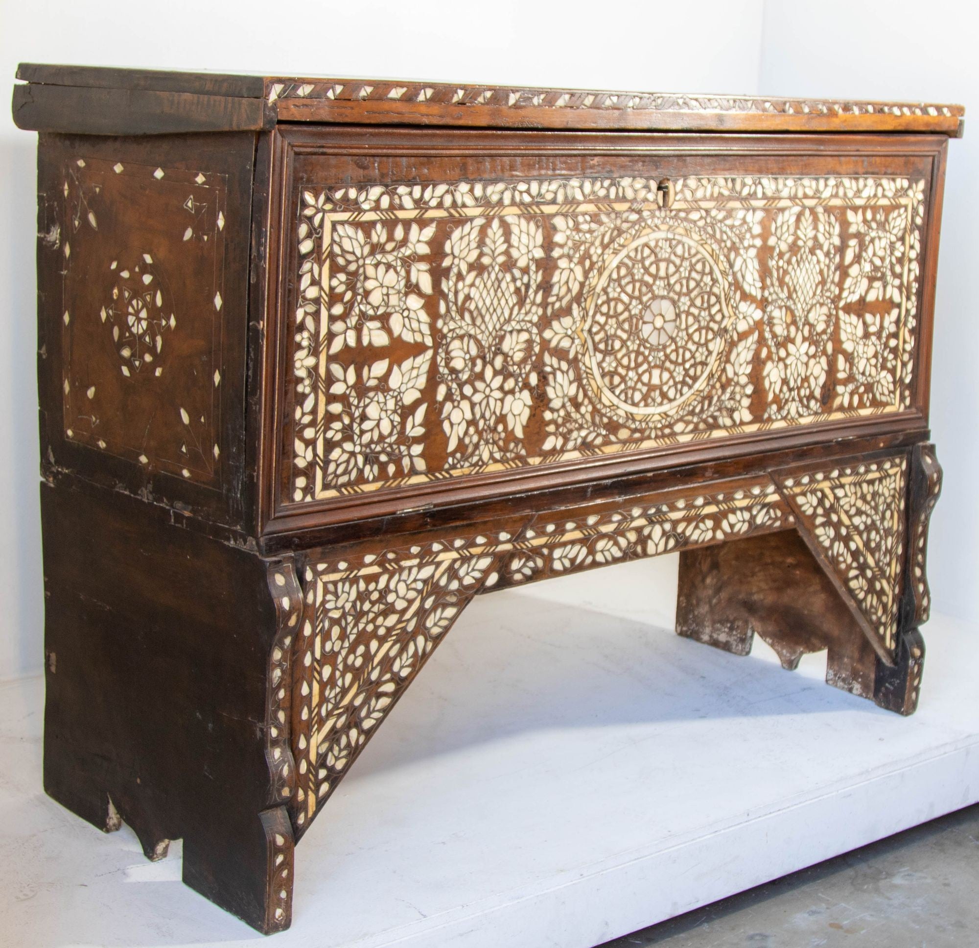 Antique Middle Eastern Mother of Pearl Inlay Dowry Trunk 19th C.