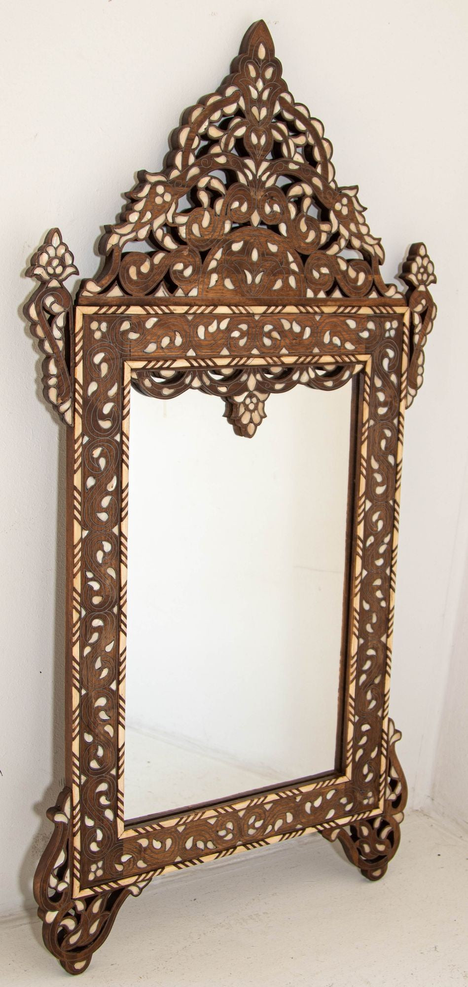 Damascene Moorish Bone Inlaid Mirrors With Floral Motif 52" H. A Pair