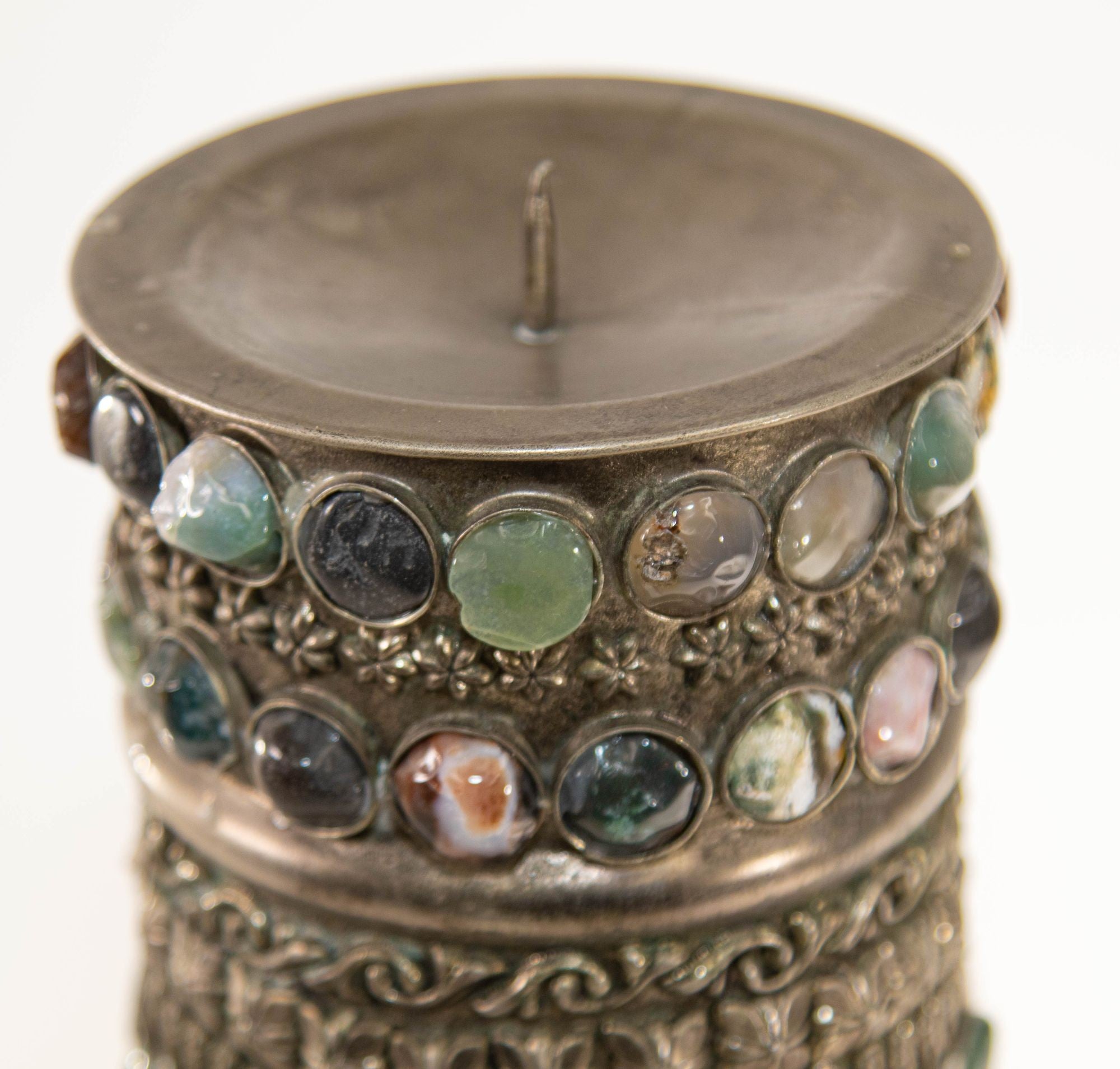 Vintage Agate Inlaid Jewelled Moroccan Silver Candle Holder