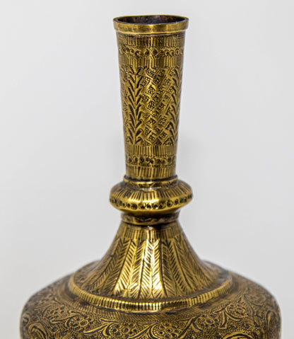 19th Century Antique Persian Brass Etched Vase with Islamic Design